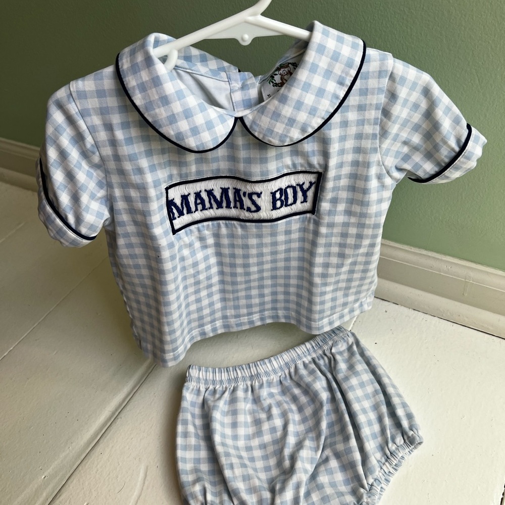 Blue Gingham Smocked Mama’s Boy Outfit